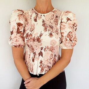 Express pink floral puff sleeve linen blend smocked peplum top size XS